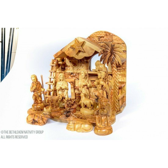 12 Pieces individually Hand Crafted Olive Wood Musical Nativity Set + Free Camel